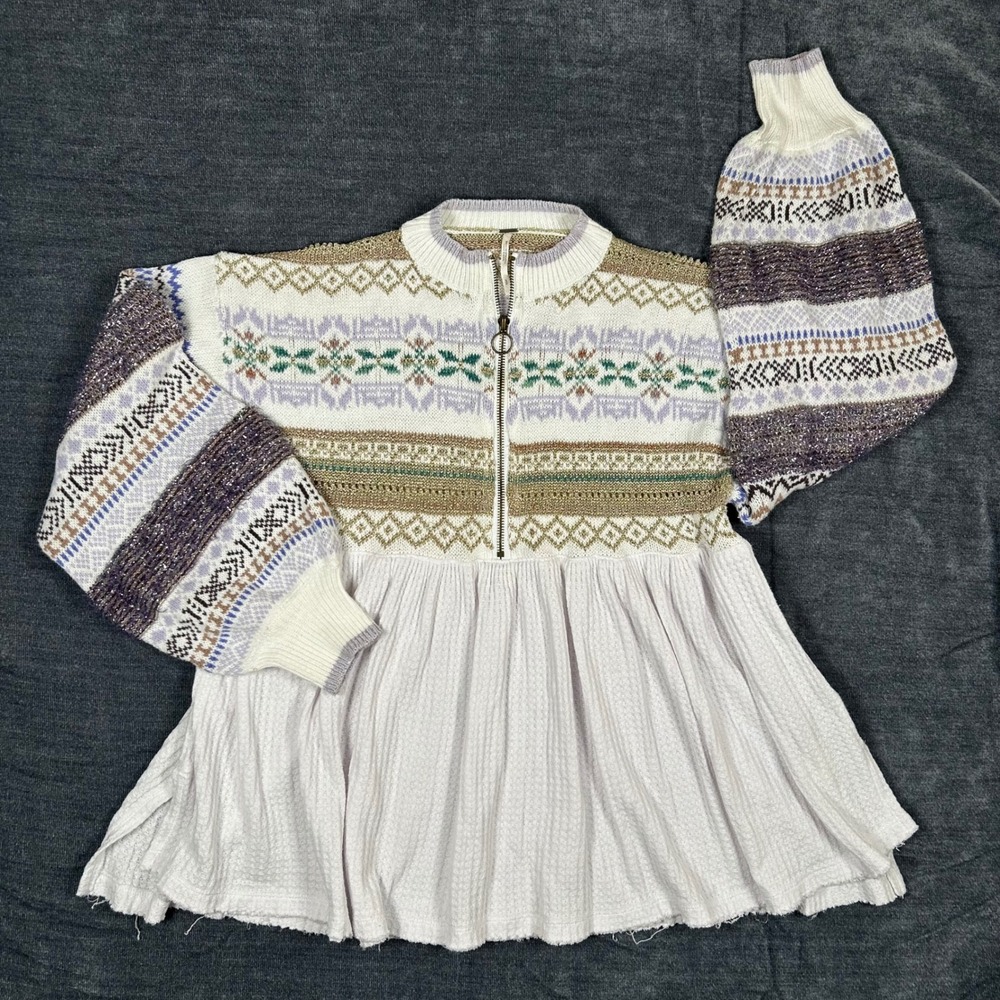 Free People Sweater Womens S White Fair Isle Waffle Knit Mixed Media Tunic Top